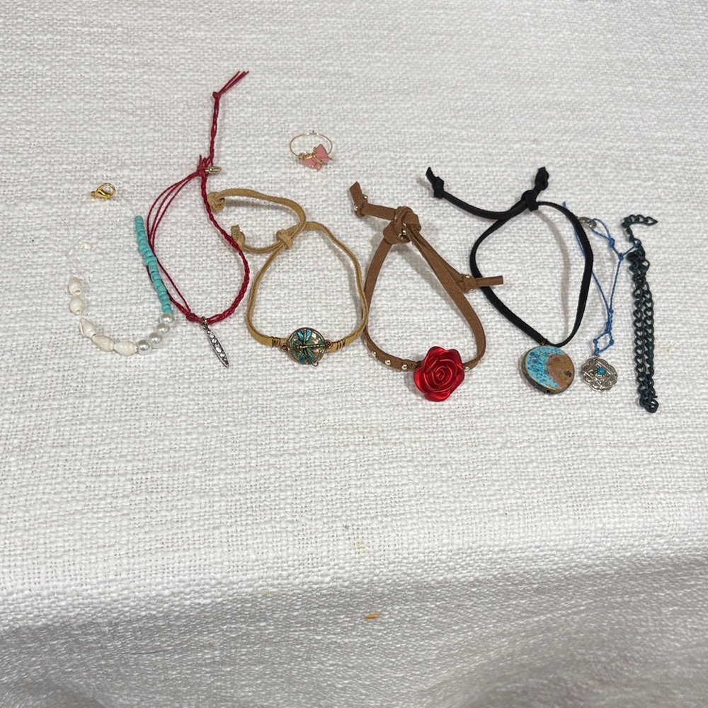 Mixed Stack of Boho tie on Bracelets with Red Rose Accent